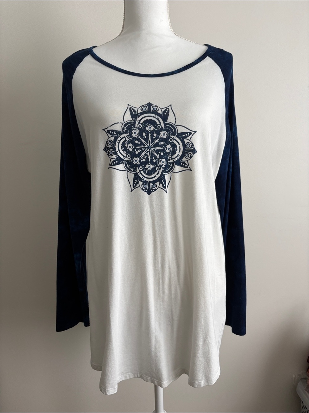Earth Yoga White Tee with Navy Trim and Mandala Graphic